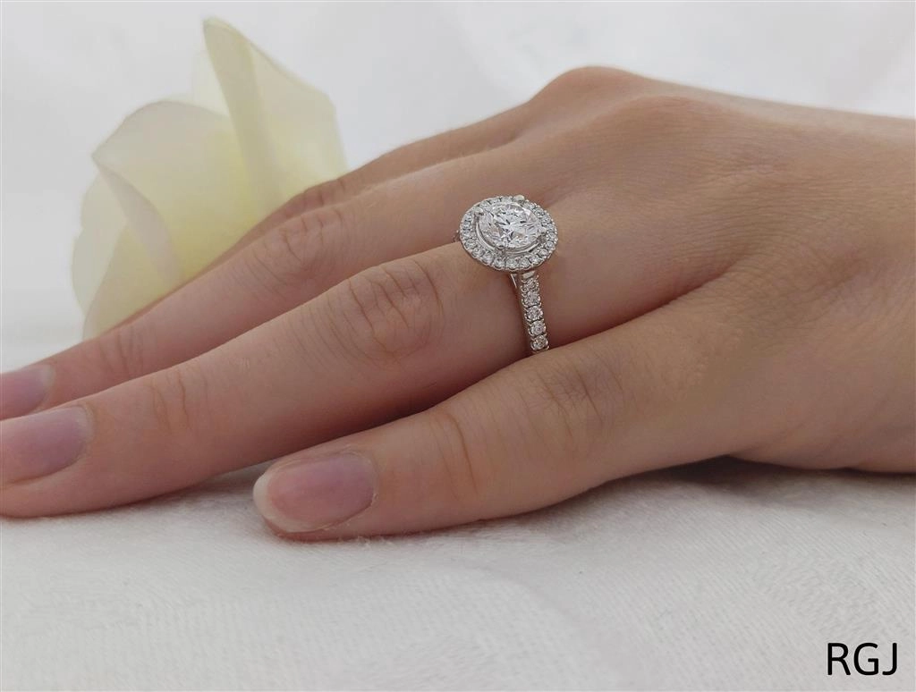 The Skye Platinum 1.01ct Round Brilliant Cut Diamond Engagement Ring With 0.31ct Diamond Halo And Diamond Set Shoulders