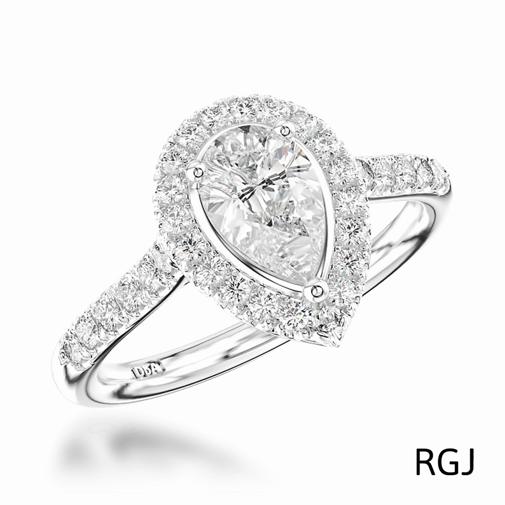 The Skye Platinum 1.53ct Pear Cut Diamond Engagement Ring With 0.42ct Diamond Halo And Diamond Set Shoulders