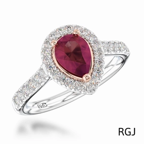 The Skye Platinum And 18ct Rose Gold 0.75ct Pear Cut Ruby Ring With 0.39ct Diamond Halo And Diamond Set Shoulders