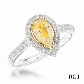 The Skye Platinum And 18ct Yellow Gold 0.57ct Pear Cut Yellow Diamond Engagement Ring With 0.33ct Diamond Halo And Diamond Set Shoulders