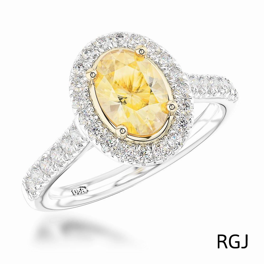 The Skye Platinum And 18ct Yellow Gold 0.71ct Oval Cut Yellow Diamond Engagement Ring With 0.33ct Diamond Halo And Diamond Set Shoulders