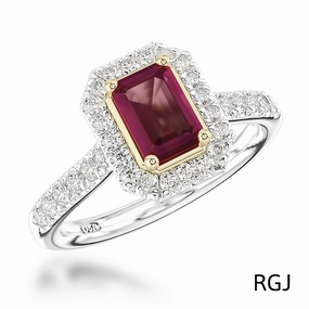 The Skye Platinum And 18ct Yellow Gold 1.15ct Emerald Cut Ruby Ring With 0.41ct Diamond Halo And Diamond Set Shoulders