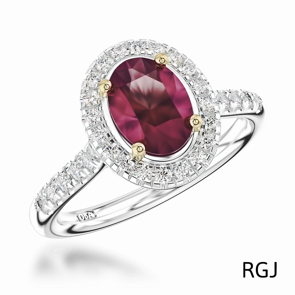 The Skye Platinum And 18ct Yellow Gold 2.13ct Oval Cut Ruby Ring With 0.42ct Diamond Halo And Diamond Set Shoulders