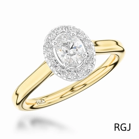 The Skye Pure 18ct Yellow Gold And Platinum 0.50ct Oval Cut Diamond Engagement Ring With 0.15ct Diamond Halo