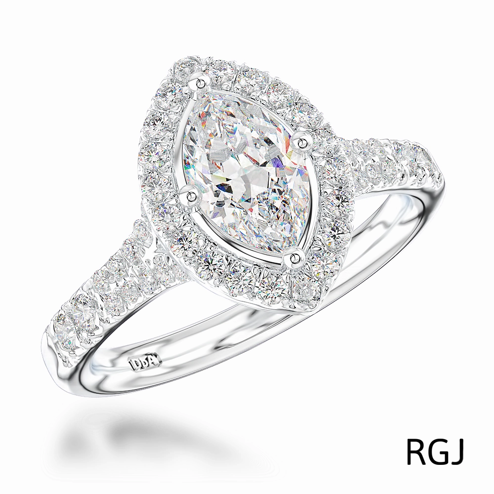 The Skye Saturn Platinum 0.45ct Marquise Cut Diamond Engagement Ring With 0.31ct Diamond Halo And Diamond Set Split Shoulders