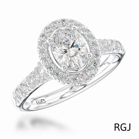 The Skye Saturn Platinum 0.50ct Oval Cut Diamond Engagement Ring With 0.30ct Diamond Halo And Diamond Set Split Shoulders