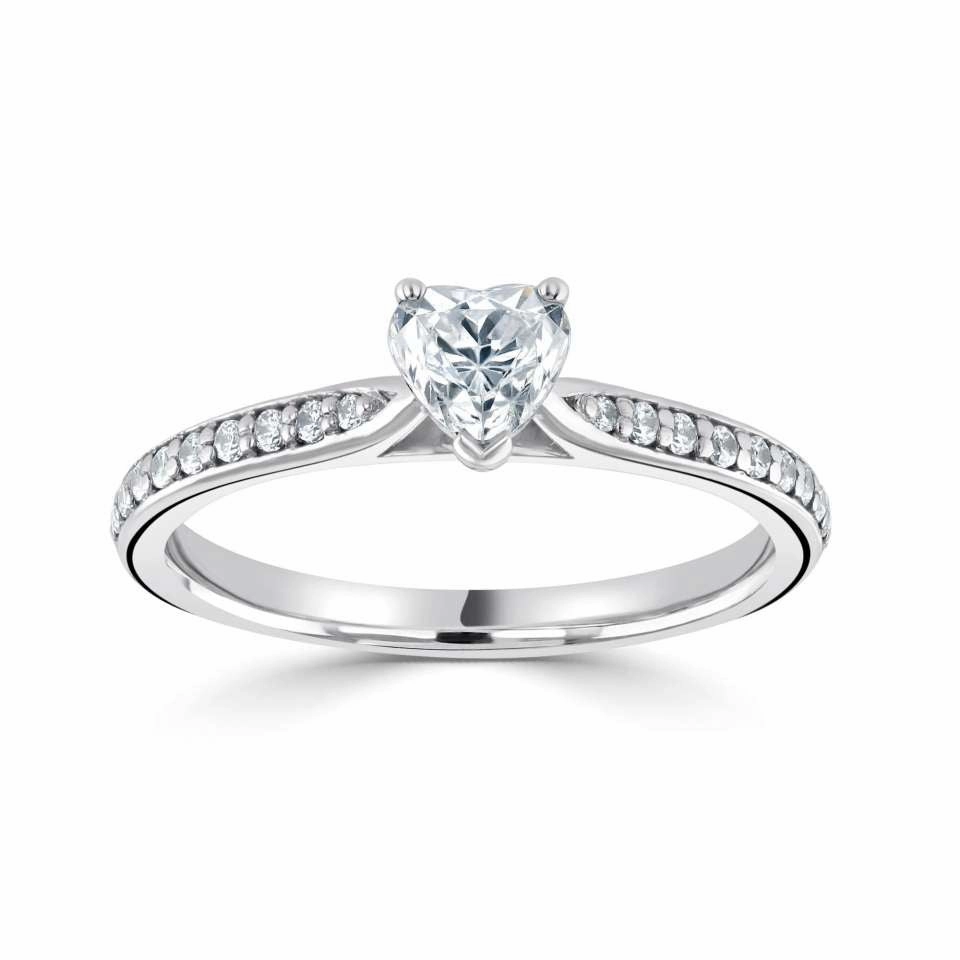The Sweetheart Platinum Heart Cut Diamond Solitaire Engagement Ring With Diamond Set Shoulders
