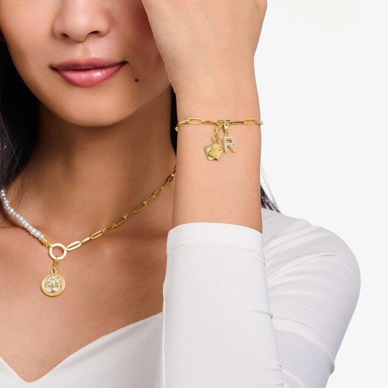 Thomas Sabo Gold-plated Charm Pendant Letter D with White Stones