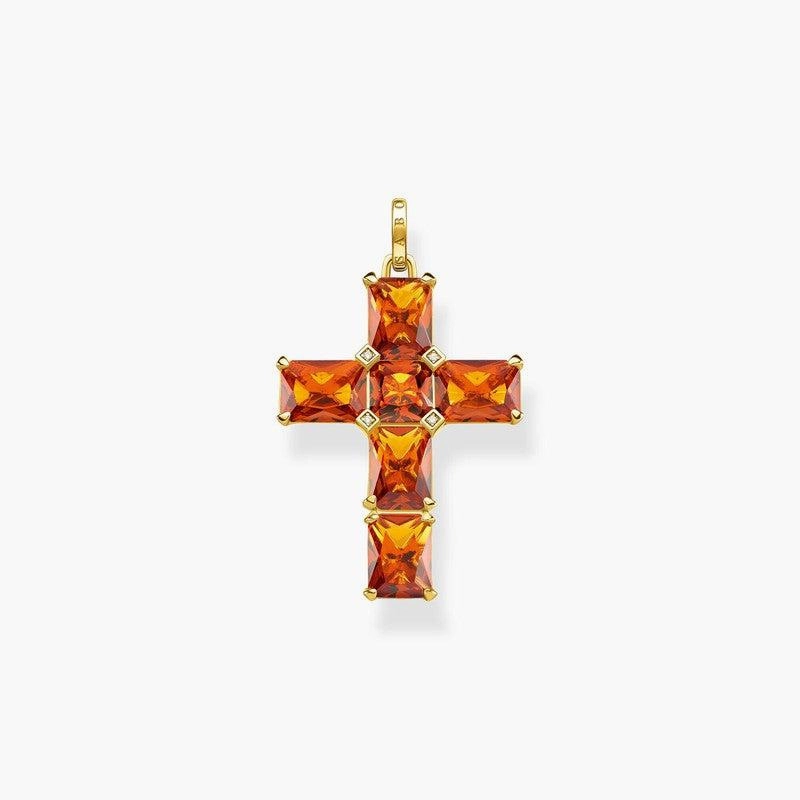 Thomas Sabo Pendant - Cross With Orange Stones And Star - Gold Plated