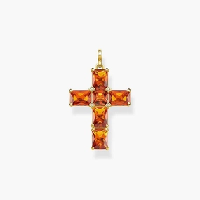 Thomas Sabo Pendant - Cross With Orange Stones And Star - Gold Plated