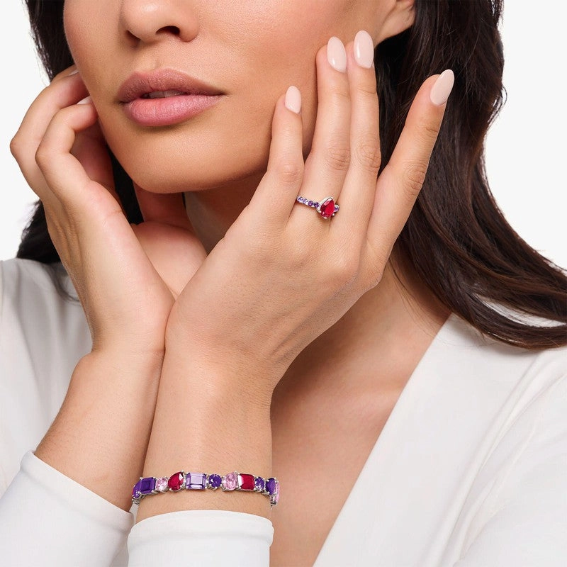 Thomas Sabo Silver Solitaire Ring with Red and Violet Stones