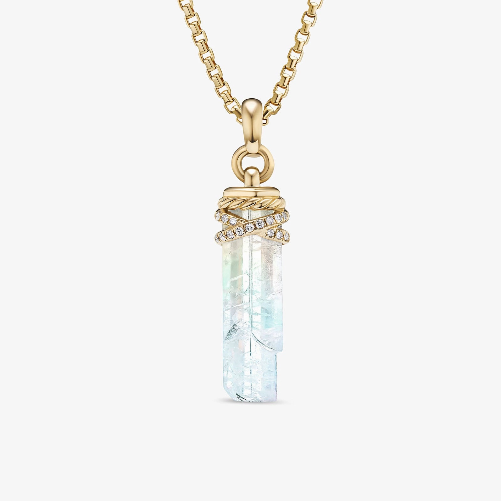 Wrapped Rainbow Moonstone Crystal Amulet with 18K Yellow Gold and Pave Diamonds